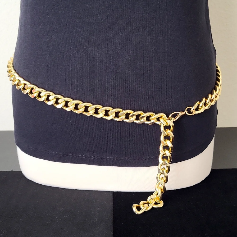 Women's Gold Tone Wide Cuban Link Chain Belt 42" end to end 3/4" width - Picture 1 of 11